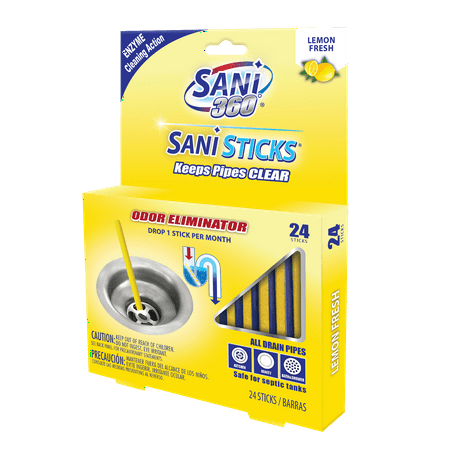 Sani 360 Sticks Lemon Fresh Drain Cleaner and Deodorizer, 24 Count