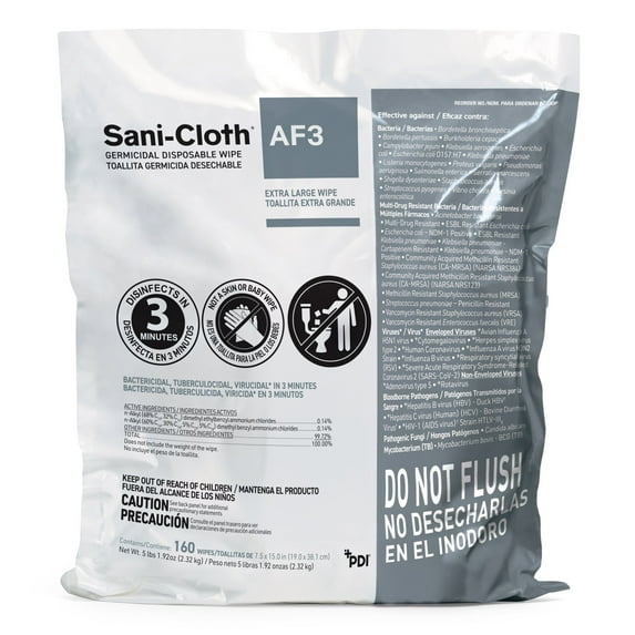 Sani-Cloth AF3 Germicidal Wipes, Surface Disinfectant Cleaner Refill, 7.5 in x 15 in, 160 Wipes, 2 Packs, 320 Total