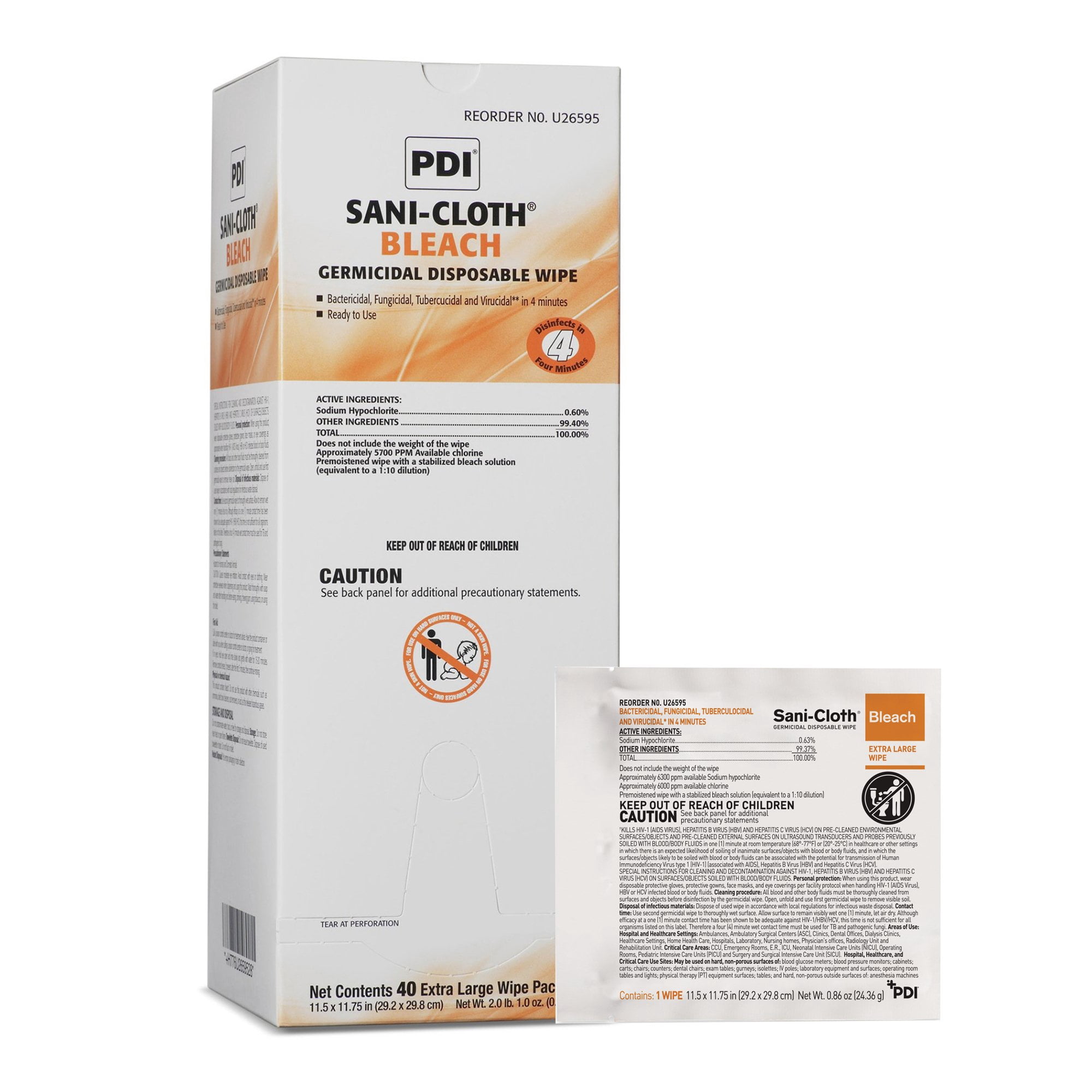 Sani-Cloth Bleach Wipes Disinfecting Surface Cleaner, 11.5 in x 11.75 in, 40 Wipes, 1 Pack