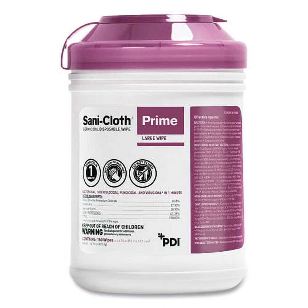Sani-Cloth Prime Germicidal Disposable Wipes, Large, 6 x 6.75, Unscented, White, 160/Canister, 12 Canisters/Carton | Bundle of 2 Cartons