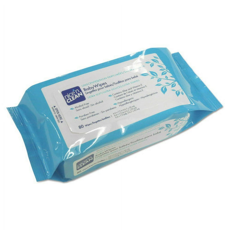 Nice 'n Clean Baby Wipes, 1-Ply, 6.6 x 7.9, Unscented, White, 80/Pack, 12 Packs/Carton Nice 'n Clean Baby Wipes, 1-Ply, 6.6 x 7.9, Unscented, White, 80/Pack, 12 Packs/Carton
