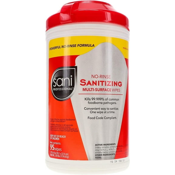 Sani Professional No-Rinse Sanitizing Multi-Surface Cleaning Wipes, Unscented, White, 95 Count