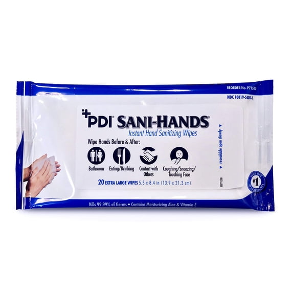 PDI Sani-Hands Instant Hand Sanitizing Wipes, 1-Ply, 5.5 x 8.4, White, 20 x Pack