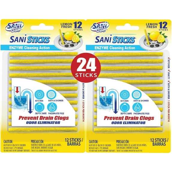Sani Sticks Drain Cleaner and Deodorizer, 24 Count, Lemon Scent Enzyme Pipe Cleaners, Eliminate Odors, Prevent Clogged Drains, Safe for Sinks, Bathtub Drains, Septic Tanks