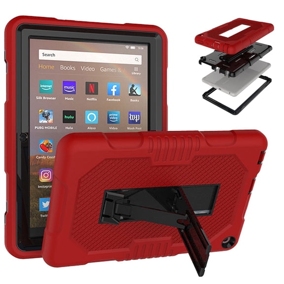 SaniMore for Amazon Fire HD 8 & 8 Plus (10th Generation, 2020) Back Case Hidden Kickstand Heavy Duty Protective Tri-layer Hybird Shockproof Rubber Case for Amazon Fire HD 8 & 8 Plus, Red/Black