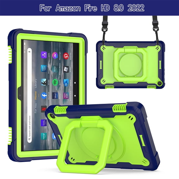 SaniMore for Amazon Fire HD 8 & 8 Plus (12th/10th Generation, 2022/2020) Kids Case, Multi-Functional Case with Handle Shoulder Strap & 360° Rotatable Kickstand Shockproof Protective Case, Navy/Green