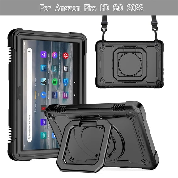 SaniMore for Amazon Fire HD 8 & 8 Plus (12th/10th Generation, 2022/2020) Kids Case, Multi-Functional Case with Handle Shoulder Strap & 360° Rotatable Kickstand Shockproof Protective Case, Black