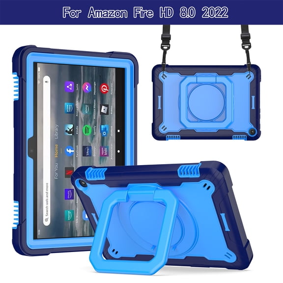 SaniMore for Amazon Fire HD 8 & 8 Plus (12th/10th Generation, 2022/2020) Kids Case, Multi-Functional Case with Handle Shoulder Strap & 360° Rotatable Kickstand Shockproof Protective Case, Navy/Blue