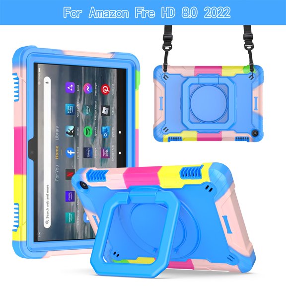 SaniMore for Amazon Fire HD 8 & 8 Plus (12th/10th Generation, 2022/2020) Kids Case, Multi-Functional Case with Handle Shoulder Strap & Kickstand Shockproof Protective Case, Camouflage Blue