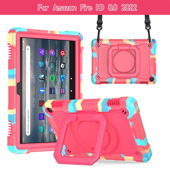 SaniMore for Amazon Fire HD 8 & 8 Plus (12th/10th Generation, 2022/2020) Kids Case, Multi-Functional Case with Handle Shoulder Strap & Kickstand Shockproof Protective Case, Camouflage Rose