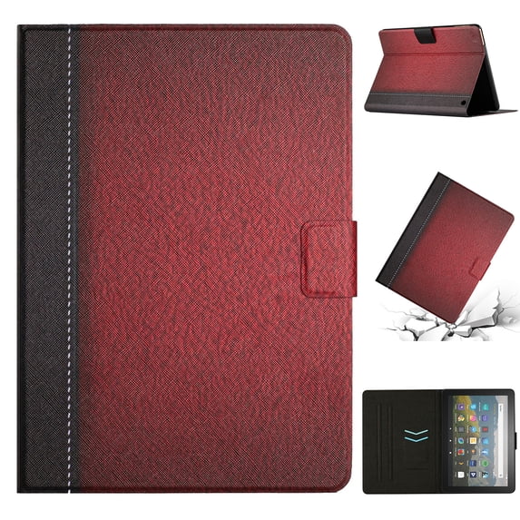 SaniMore for Amazon Fire HD10 2021/HD10 Plus 2021 Case, Auto Sleep/Wake, PU Leather Patchwork Magnetic Wallet Cover Support Card Slot & Multi-Angle Kickstand Shockproof Protective Shell, Red
