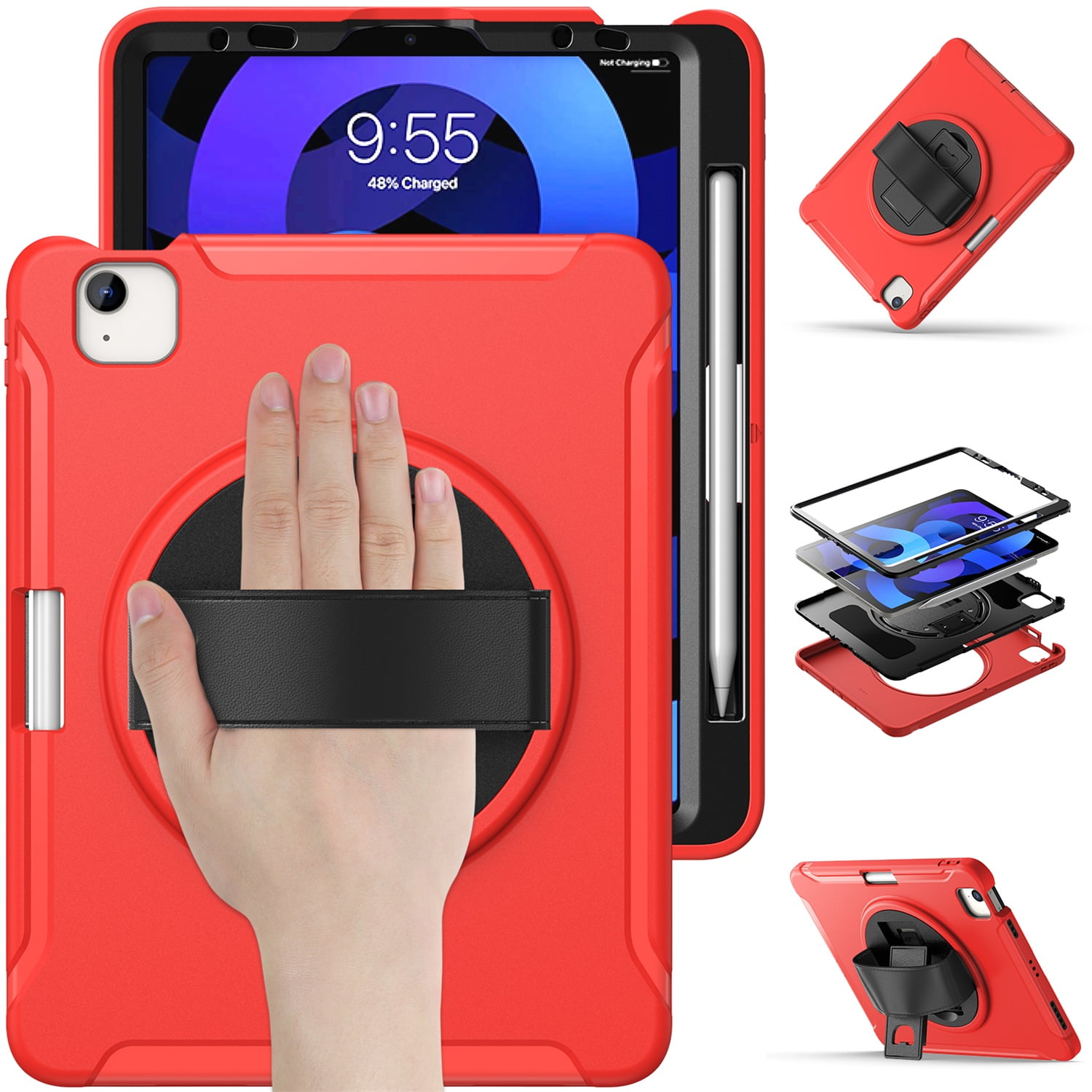 SaniMore for Apple iPad Air 11 2024 Case, 3 Layers Multi-Functional Case with Pencil Holder & Hand Strap Multi-Angle Kickstand Shockproof Protective Case for Women Men, Red
