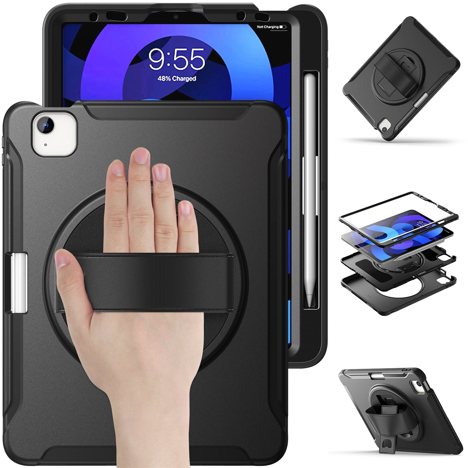 SaniMore for Apple iPad Air 11 2024 Case, 3 Layers Multi-Functional Case with Pencil Holder & Hand Strap Multi-Angle Kickstand Shockproof Protective Case for Women Men, Black