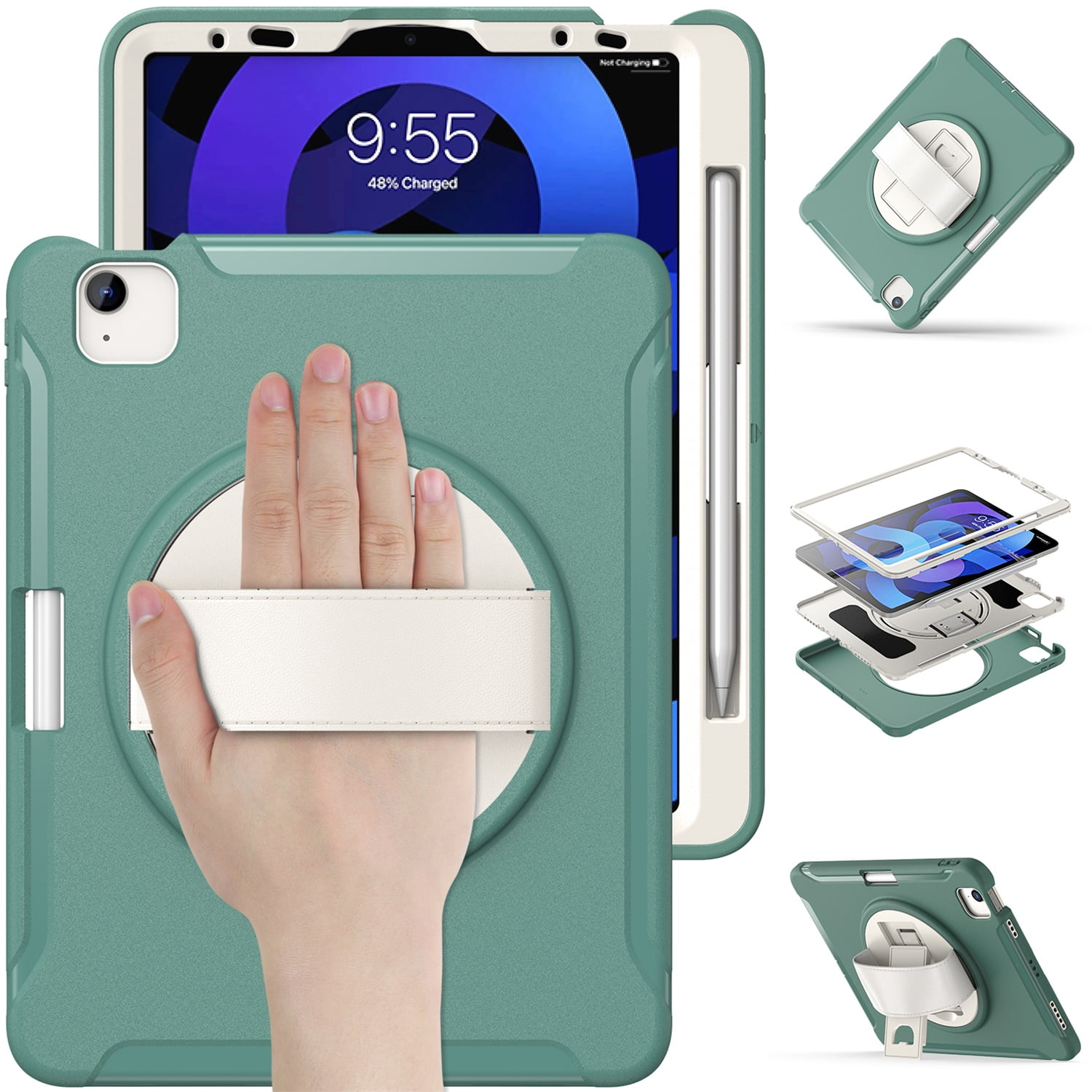SaniMore for Apple iPad Air 11 2024 Case, 3 Layers Multi-Functional Case with Pencil Holder & Hand Strap Multi-Angle Kickstand Shockproof Protective Case for Women Men, Emeraldgreen