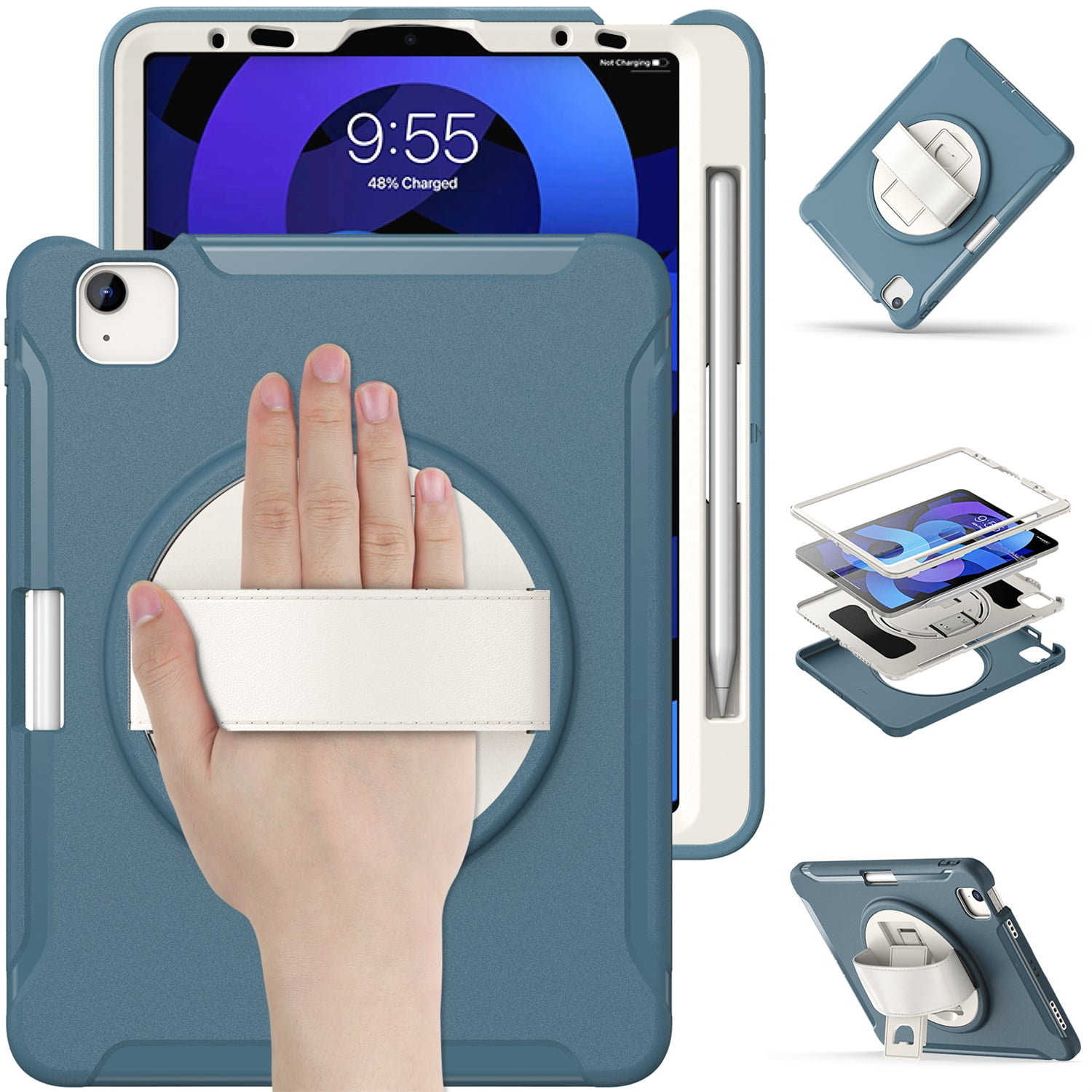 SaniMore for Apple iPad Air 11 2024 Case, 3 Layers Multi-Functional Case with Pencil Holder & Hand Strap Multi-Angle Kickstand Shockproof Protective Case for Women Men, Cornflowerblue