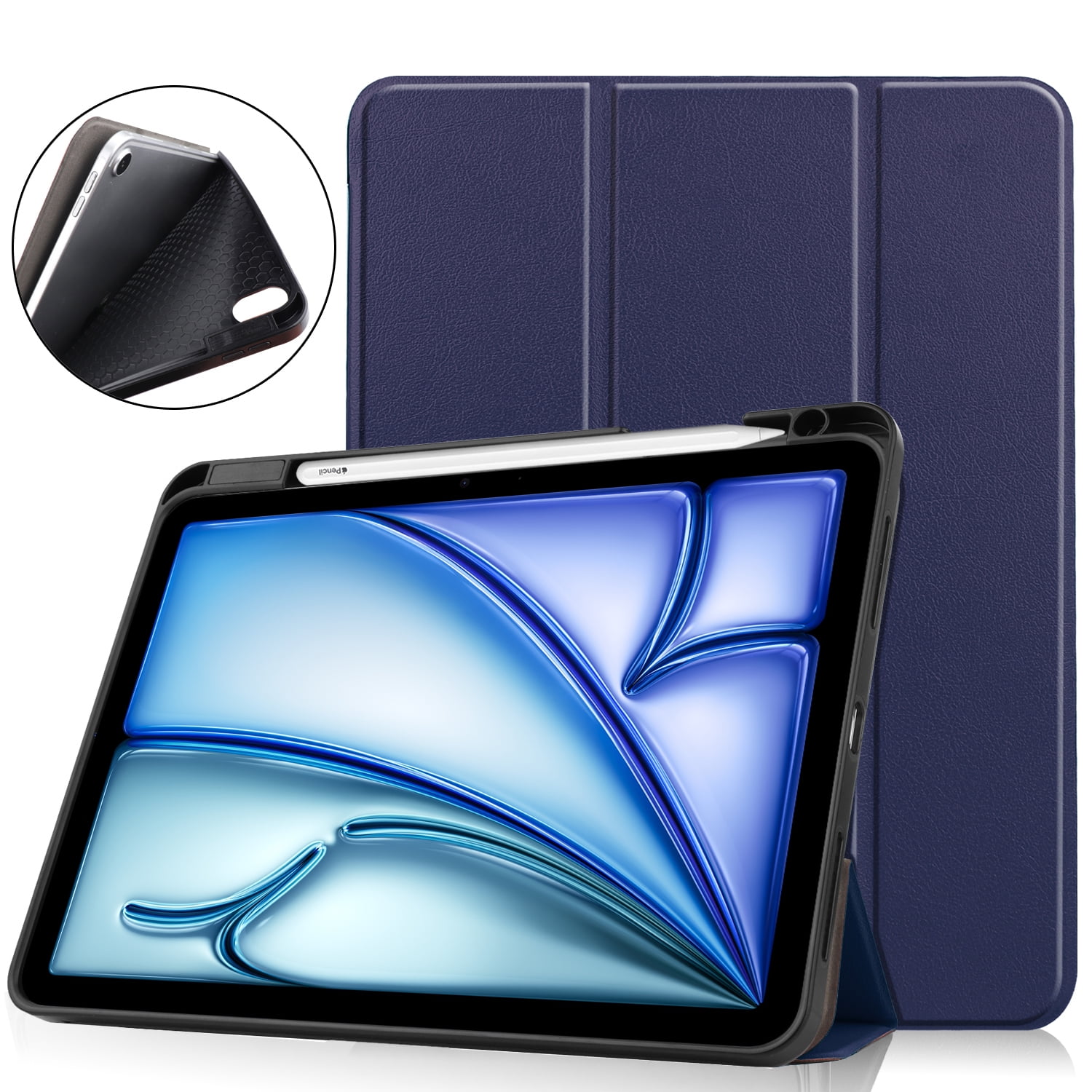 SaniMore for Apple iPad Air 11 (2024) Case, Auto Sleep/Wake, PU Leather Case with Tri-Fold Kickstand & Pencil Holder Shockproof Protective Cover for Women Men, Darkblue