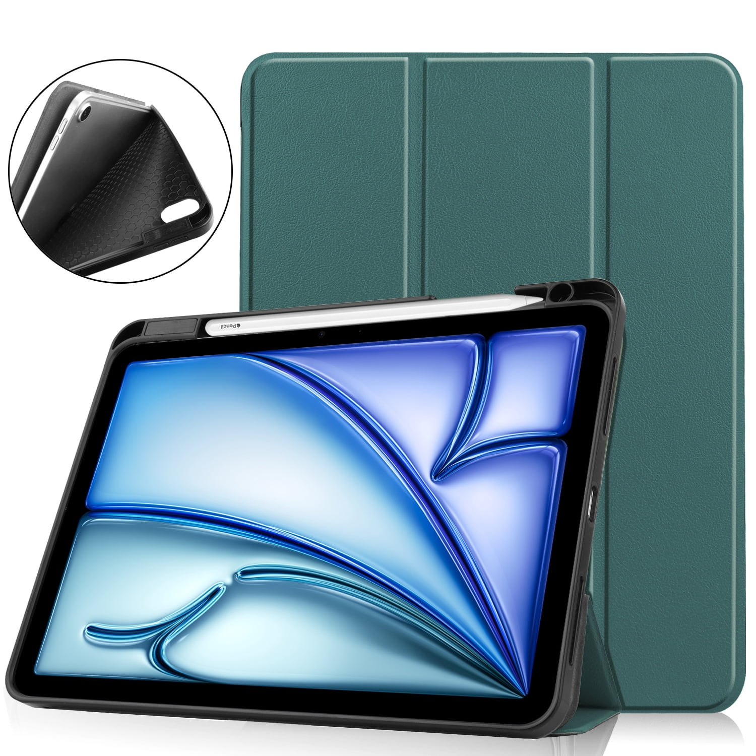 SaniMore for Apple iPad Air 11 (2024) Case, Auto Sleep/Wake, PU Leather Case with Tri-Fold Kickstand & Pencil Holder Shockproof Protective Cover for Women Men, Darkgreen