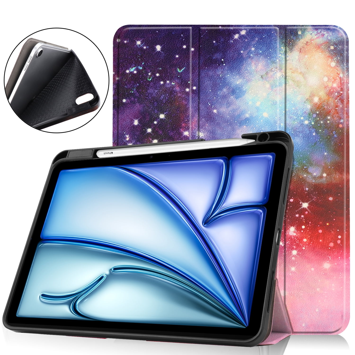 SaniMore for Apple iPad Air 11 (2024) Case, Auto Sleep/Wake, PU Leather Case with Tri-Fold Kickstand & Pencil Holder Shockproof Protective Cover for Women Men, Galaxy