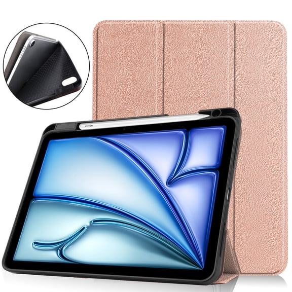 SaniMore for Apple iPad Air 11 (2024) Case, Auto Sleep/Wake, PU Leather Case with Tri-Fold Kickstand & Pencil Holder Shockproof Protective Cover for Women Men, Rosegold