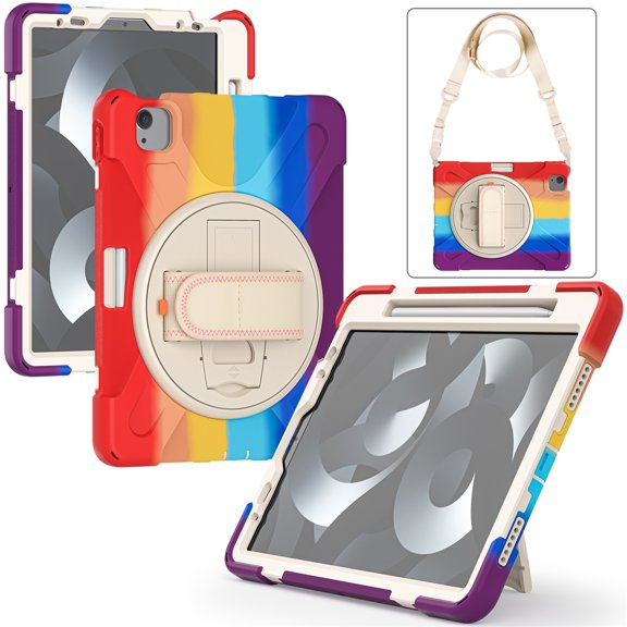 SaniMore for Apple iPad Air 11 (2024), Rotating Handle Shoulder Strap Bracket Drop Resistant Tri-layer Heavy Duty Protective Shcokproof Tablet Cover, Colorful Red
