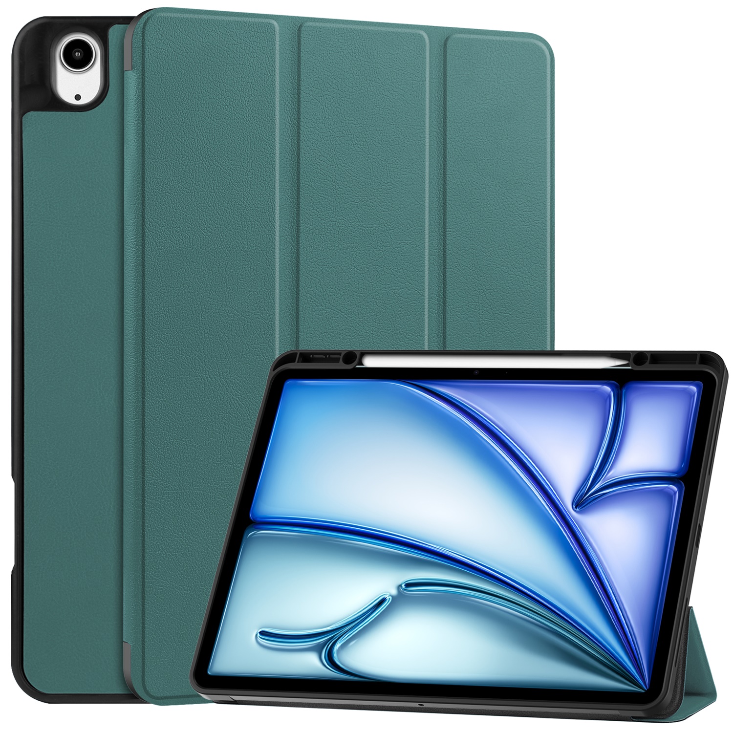 SaniMore for Apple iPad Air 13 (2024) Case, Auto Sleep/Wake, PU Leather Case with Tri-Fold Kickstand & Pencil Holder Shockproof Protective Cover for Women Men, Darkgreen