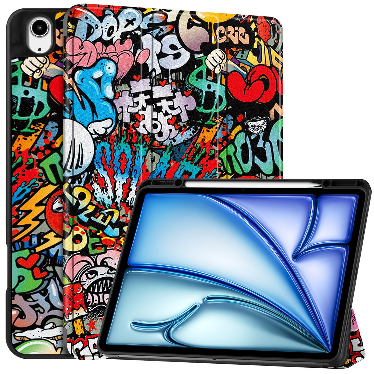 SaniMore for Apple iPad Air 13 (2024) Case, Auto Sleep/Wake, PU Leather Case with Tri-Fold Kickstand & Pencil Holder Shockproof Protective Cover for Women Men, Graffiti
