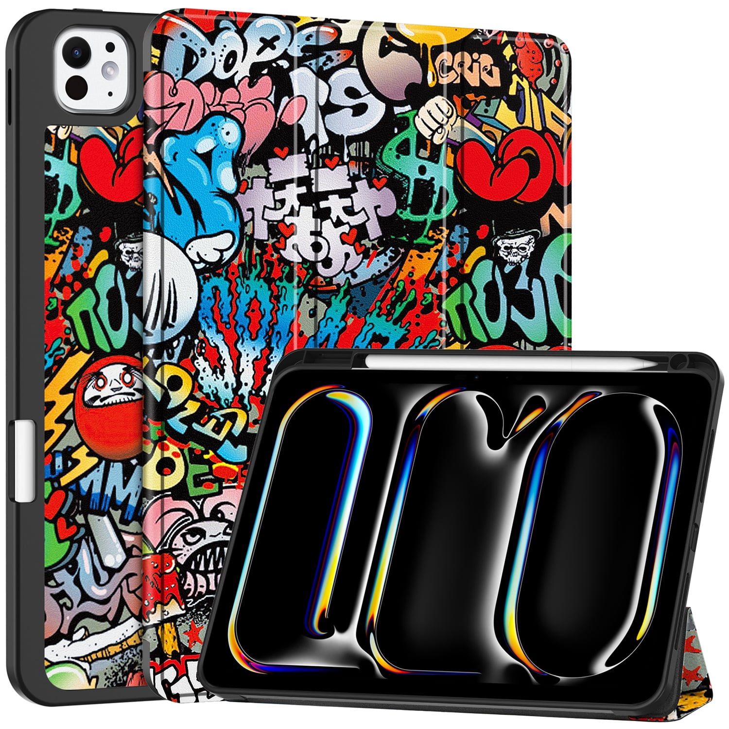 SaniMore for Apple iPad Pro 11 (2024) Case, Auto Sleep/Wake, PU Leather Case with Tri-Fold Kickstand & Pencil Holder Shockproof Protective Cover for Women Men, Graffiti