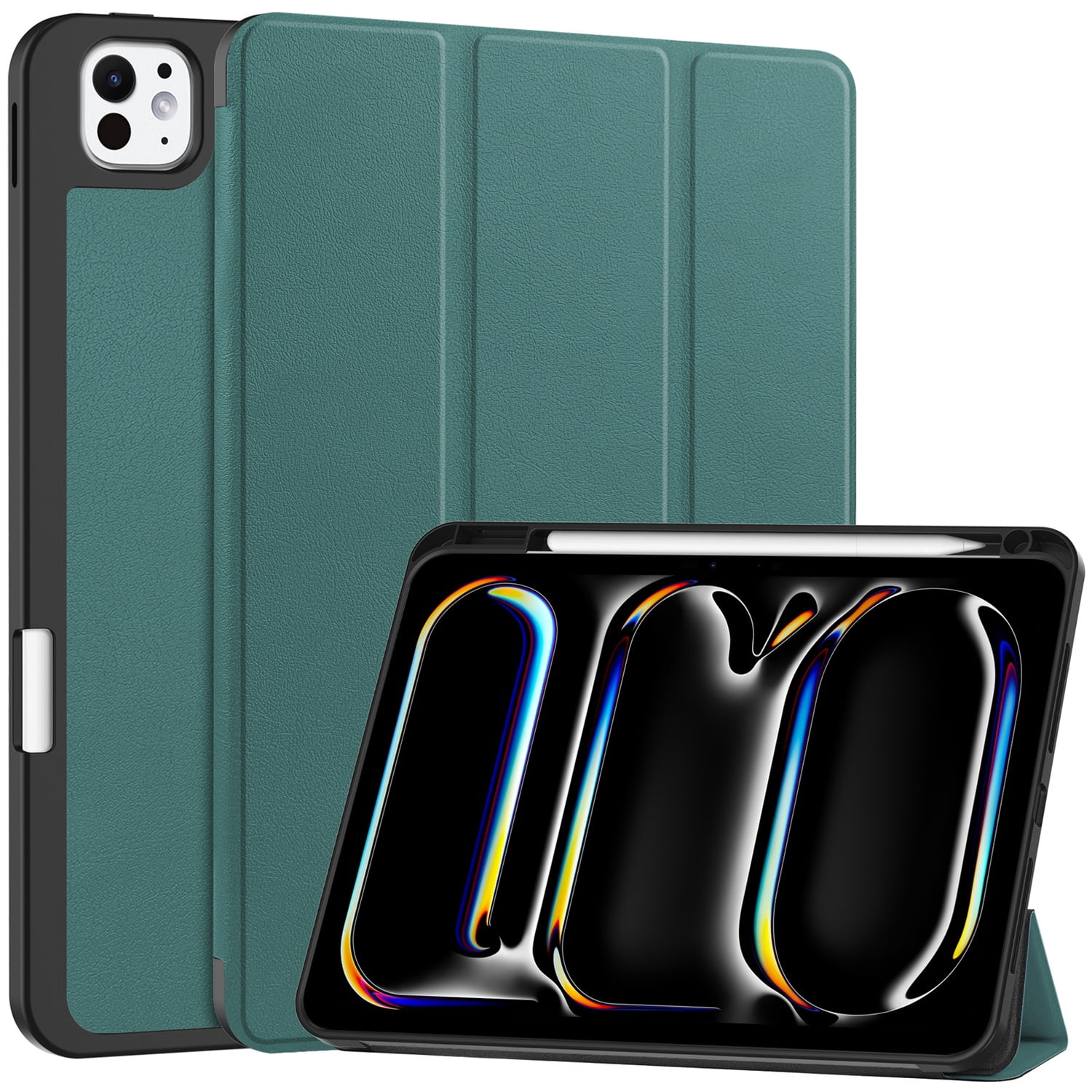 SaniMore for Apple iPad Pro 13 (2024) Case, Auto Sleep/Wake, PU Leather Case with Tri-Fold Kickstand & Pencil Holder Shockproof Protective Cover for Women Men, Darkgreen