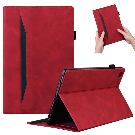 SaniMore Business Case for Samsung Galaxy Tab A8 10.5" 2022 SM-X200/X205, PU Leather Case Shockproof TPU Shell Card Holder Hand Rope Anti-slip Strip Full Protective Wallet Tablet Magneic Case, Red