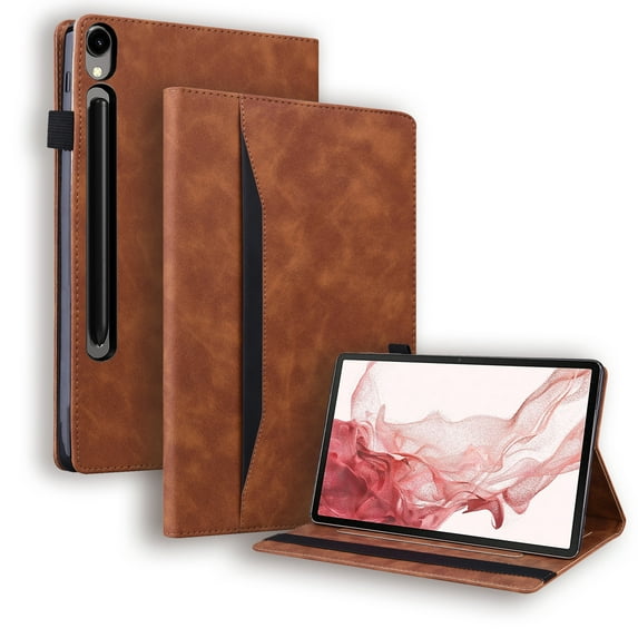 SaniMore Business Case for Samsung Galaxy Tab S9/Tab S7/Tab S8/Tab S7 (Model SM-X700/X710/X706/T870), PU Leather Shockproof TPU Card Holder Hand Rope Anti-slip Strip Protective Wallet Cover, Brown