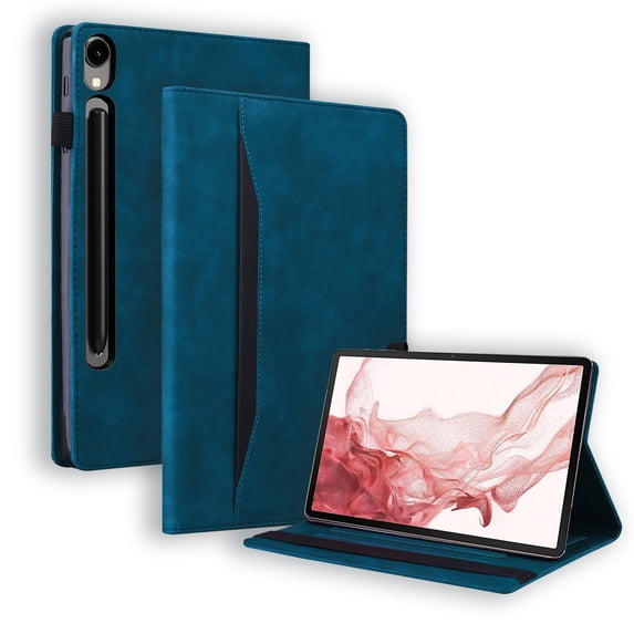 SaniMore Business Case for Samsung Galaxy Tab S9/Tab S7/Tab S8/Tab S7 (Model SM-X700/X710/X706/T870), PU Leather Shockproof TPU Card Holder Hand Rope Anti-slip Strip Protective Wallet Cover, Blue
