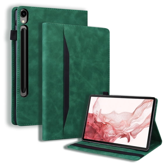 SaniMore Business Case for Samsung Galaxy Tab S9/Tab S7/Tab S8/Tab S7 (Model SM-X700/X710/X706/T870), PU Leather Shockproof TPU Card Holder Hand Rope Anti-slip Strip Protective Wallet Cover, Green