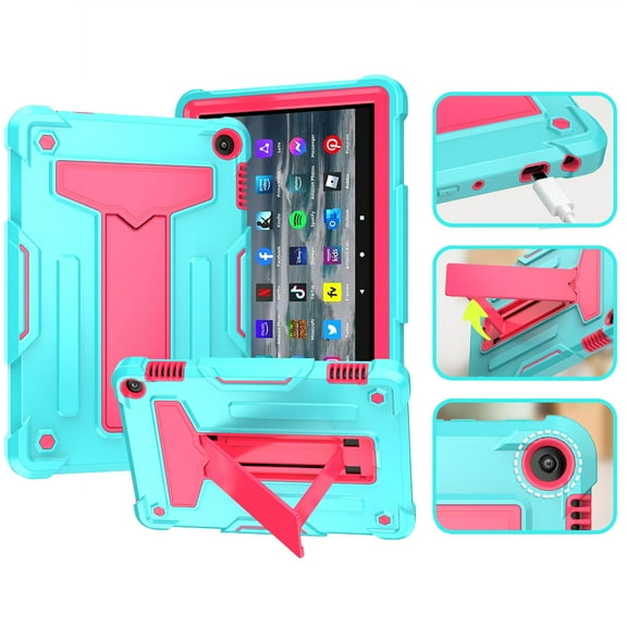 SaniMore Case for Amazon Fire HD 8 & 8 Plus (12th Generation, 2022), Shockproof Silicone Backplane & Rugged PC Frame Built-in Hidden Kickstand Anti-drop Heavy Duty Protective Case, Mint/Rose