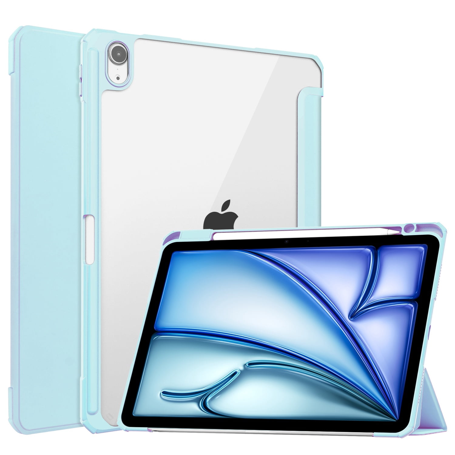 SaniMore Case for Apple iPad Air 11 (2024), Auto Sleep/Wake Shock Resistant [Built-in Pencil Holder] Flip Stand [Dual Angle] Transparent Slim Lightweight Anti-fall Tablet Shell, Light Blue