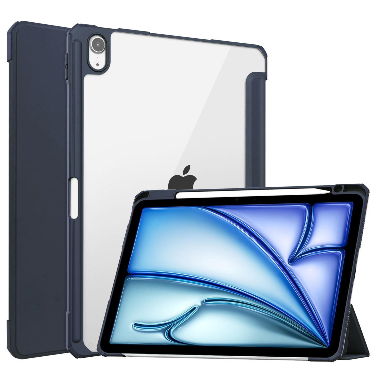 SaniMore Case for Apple iPad Air 11 (2024), Auto Sleep/Wake Shock Resistant [Built-in Pencil Holder] Flip Stand [Dual Angle] Transparent Slim Lightweight Anti-fall Tablet Shell, Deep Blue