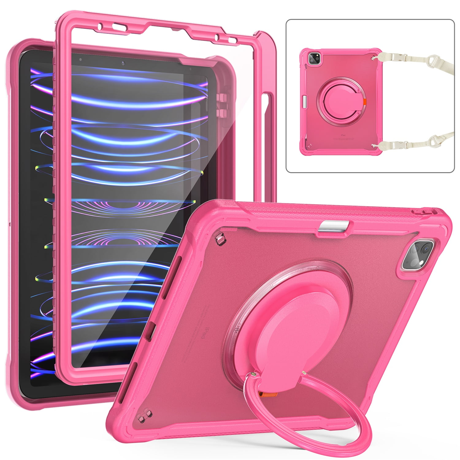 SaniMore Case for Apple iPad Air 11 (2024), with Shoulder Strap Pencil Slot Hybird PC TPU Back Cover 360° Ratating Handle Bracket Shockproof Anti-fall Rugged Kids Shell, Rose