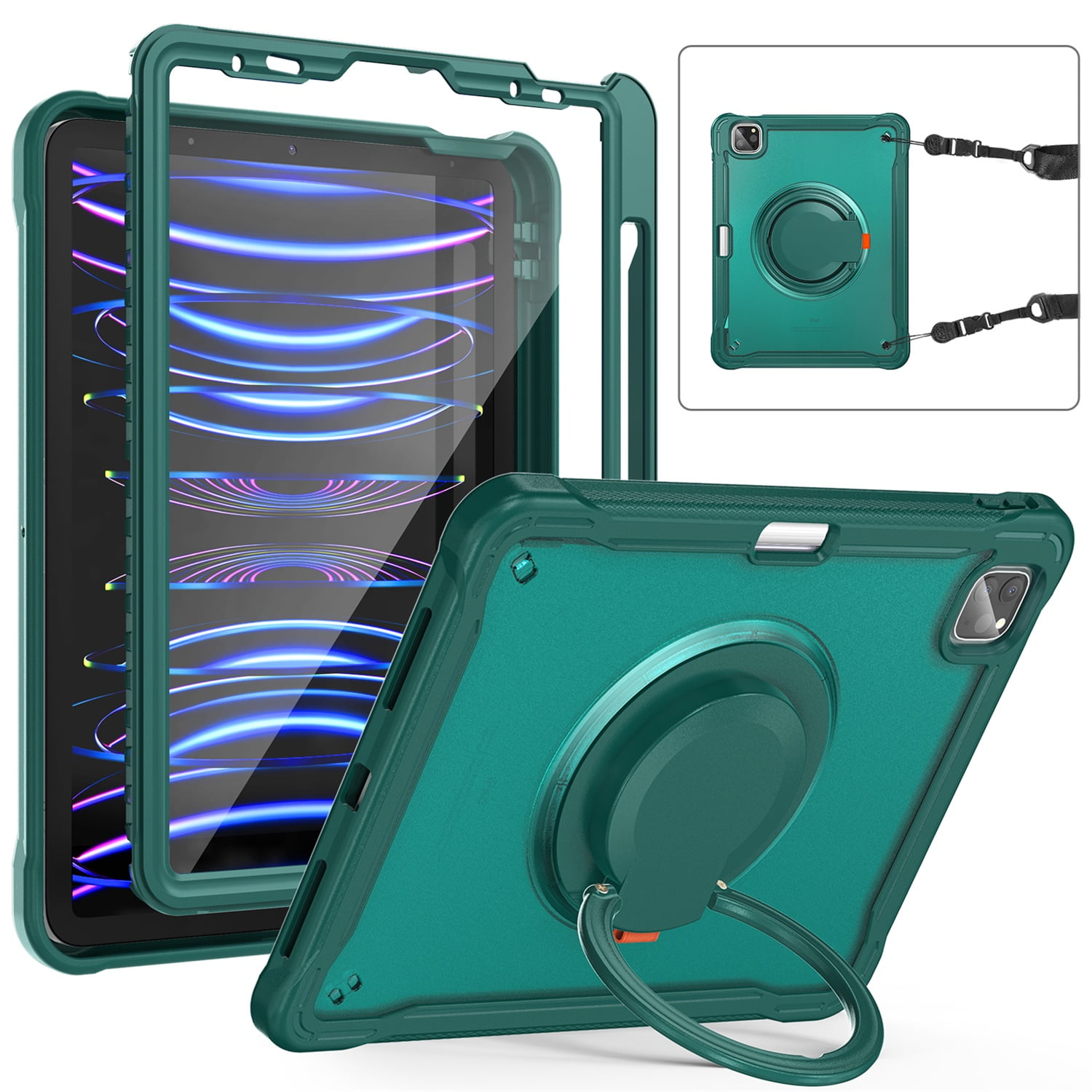 SaniMore Case for Apple iPad Air 11 (2024), with Shoulder Strap Pencil Slot Hybird PC TPU Back Cover 360° Ratating Handle Bracket Shockproof Anti-fall Rugged Kids Shell, Green
