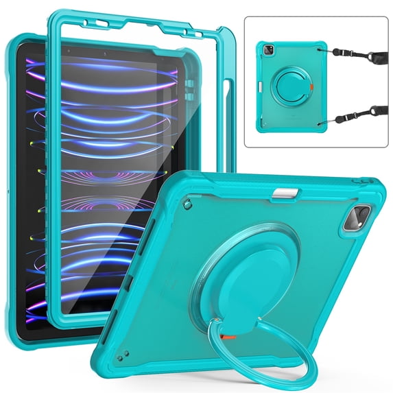 SaniMore Case for Apple iPad Air 11 (2024), with Shoulder Strap Pencil Slot Hybird PC TPU Back Cover 360° Ratating Handle Bracket Shockproof Anti-fall Rugged Kids Shell, Blue