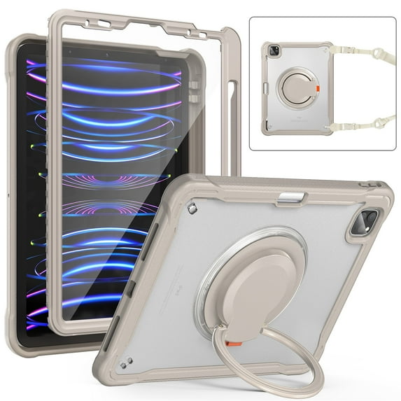 SaniMore Case for Apple iPad Air 11 (2024), with Shoulder Strap Pencil Slot Hybird PC TPU Back Cover 360° Ratating Handle Bracket Shockproof Anti-fall Rugged Kids Shell, Khaki