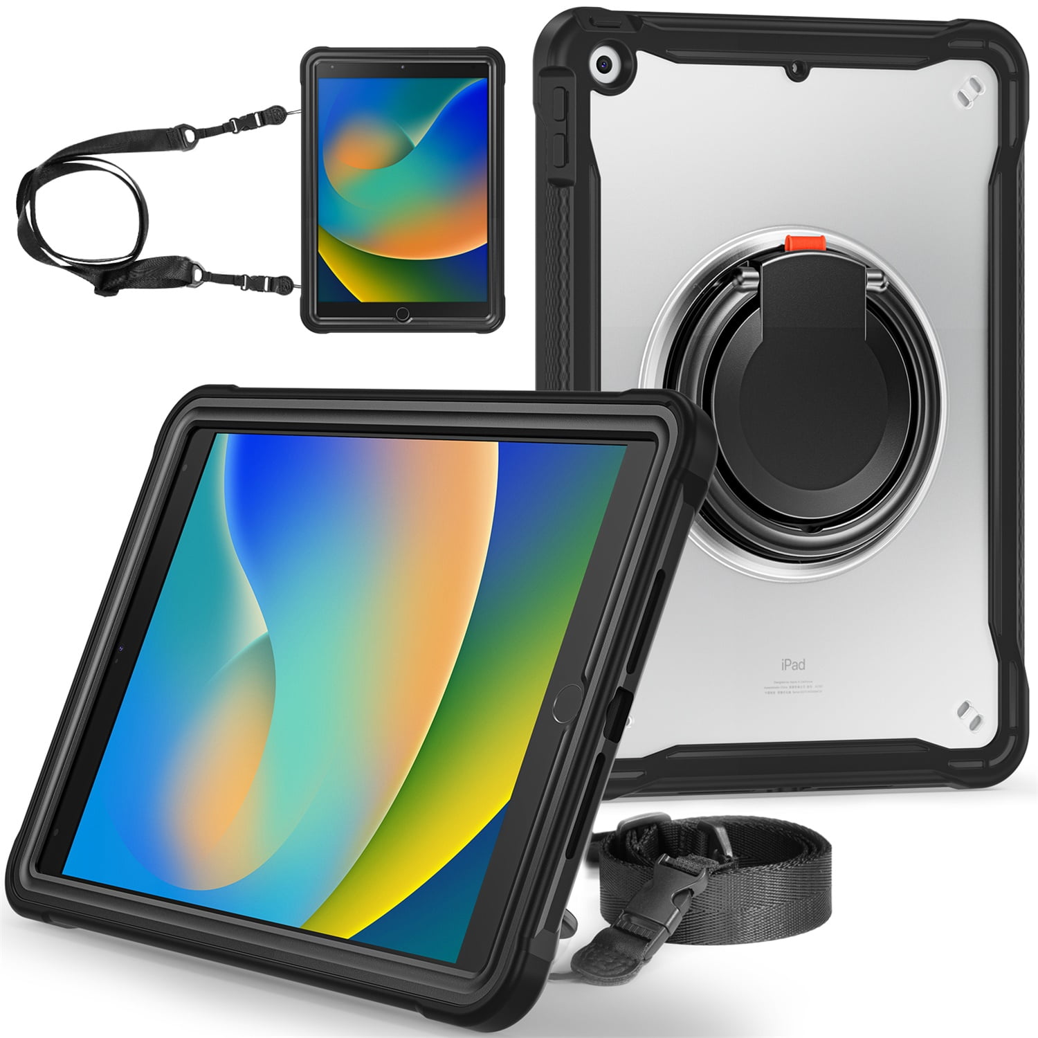 SaniMore Case for Apple iPad Air 11 (2024), with Shoulder Strap Pencil Slot Hybird PC TPU Back Cover 360° Ratating Handle Bracket Shockproof Anti-fall Rugged Kids Shell, Black