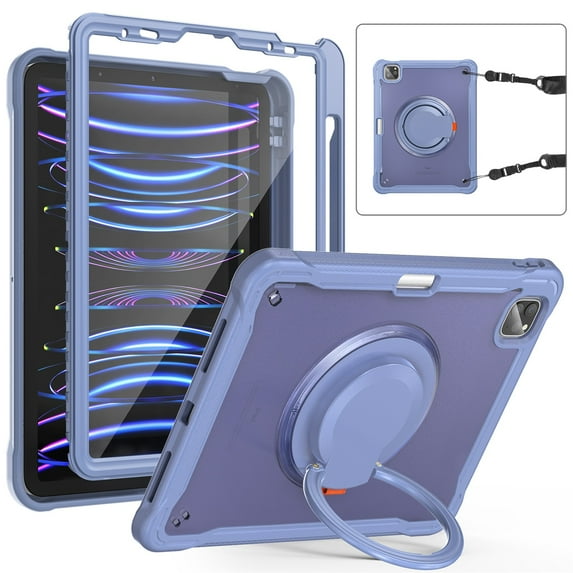 SaniMore Case for Apple iPad Air 11 (2024), with Shoulder Strap Pencil Slot Hybird PC TPU Back Cover 360° Ratating Handle Bracket Shockproof Anti-fall Rugged Kids Shell, Purple