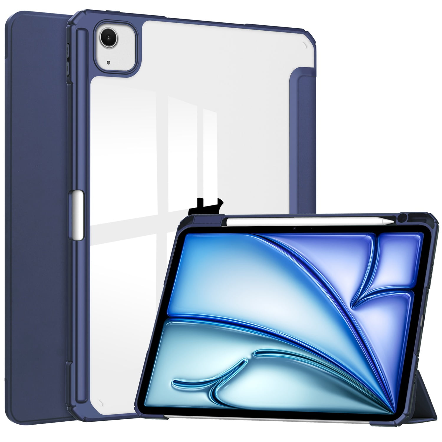 SaniMore Case for Apple iPad Air 13 (2024), Auto Sleep/Wake Shock Resistant [Built-in Pencil Holder] Flip Stand [Dual Angle] Transparent Slim Lightweight Anti-fall Tablet Shell, Deep Blue