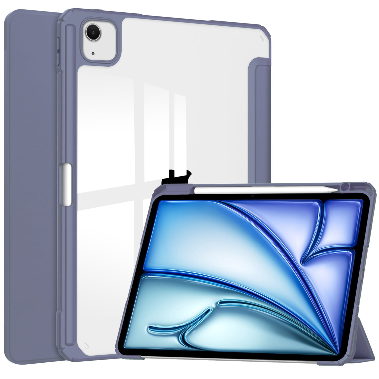 SaniMore Case for Apple iPad Air 13 (2024), Auto Sleep/Wake Shock Resistant [Built-in Pencil Holder] Flip Stand [Dual Angle] Transparent Slim Lightweight Anti-fall Tablet Shell, Lavender