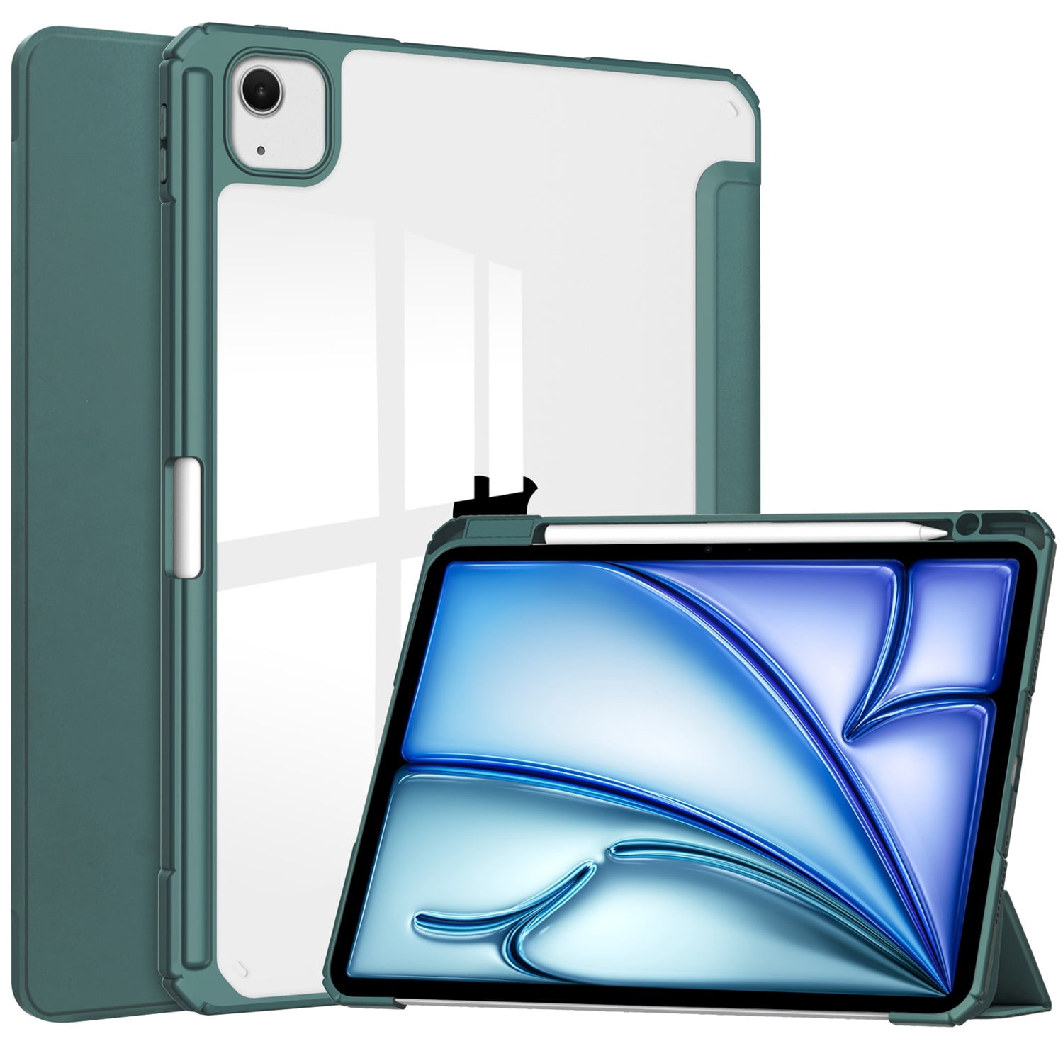 SaniMore Case for Apple iPad Air 13 (2024), Auto Sleep/Wake Shock Resistant [Built-in Pencil Holder] Flip Stand [Dual Angle] Transparent Slim Lightweight Anti-fall Tablet Shell, Deep Green