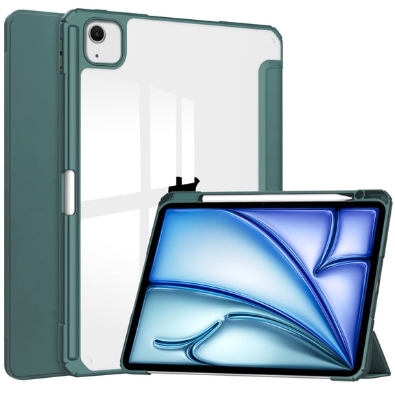 SaniMore Case for Apple iPad Air 13 (2024), Auto Sleep/Wake Shock Resistant [Built-in Pencil Holder] Flip Stand [Dual Angle] Transparent Slim Lightweight Anti-fall Tablet Shell, Deep Green
