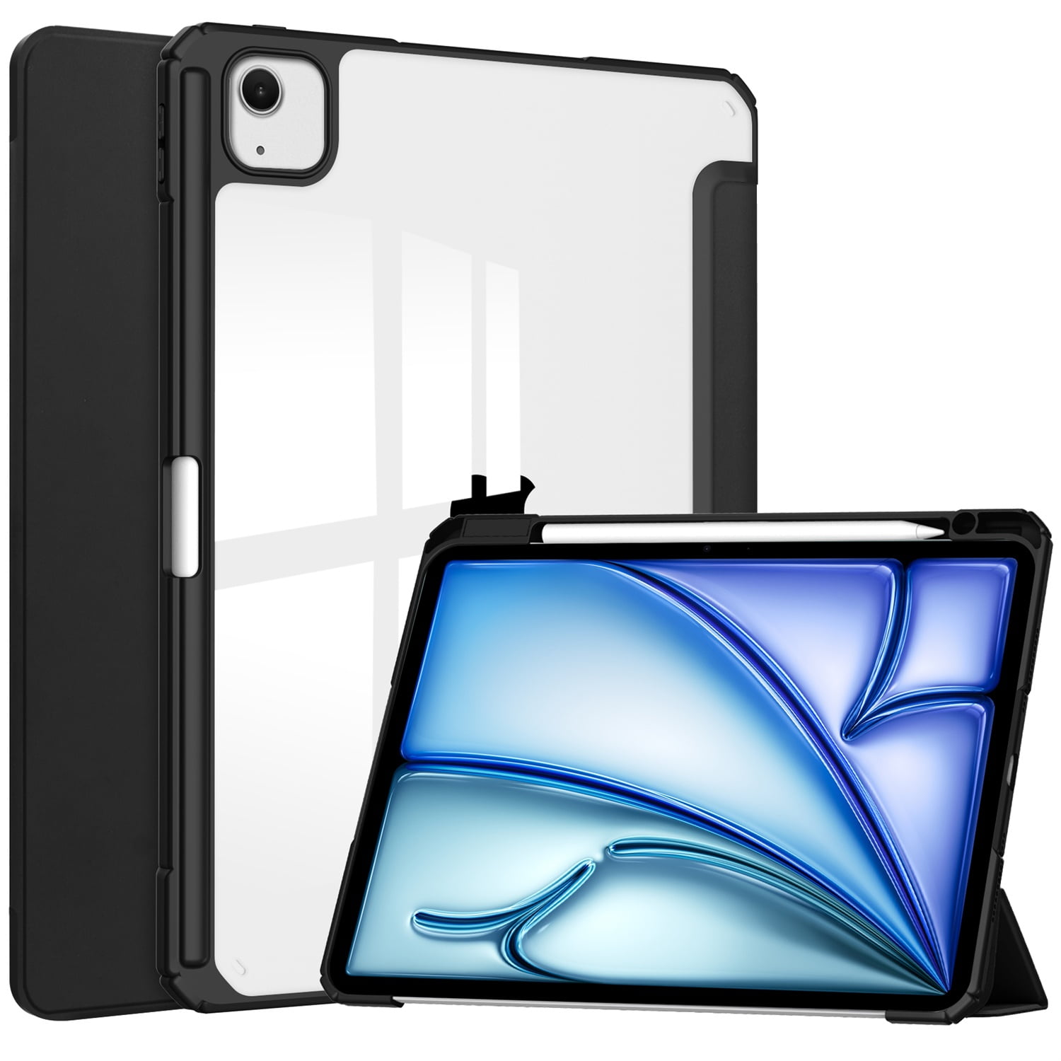 SaniMore Case for Apple iPad Air 13 (2024), Auto Sleep/Wake Shock Resistant [Built-in Pencil Holder] Flip Stand [Dual Angle] Transparent Slim Lightweight Anti-fall Tablet Shell, Black