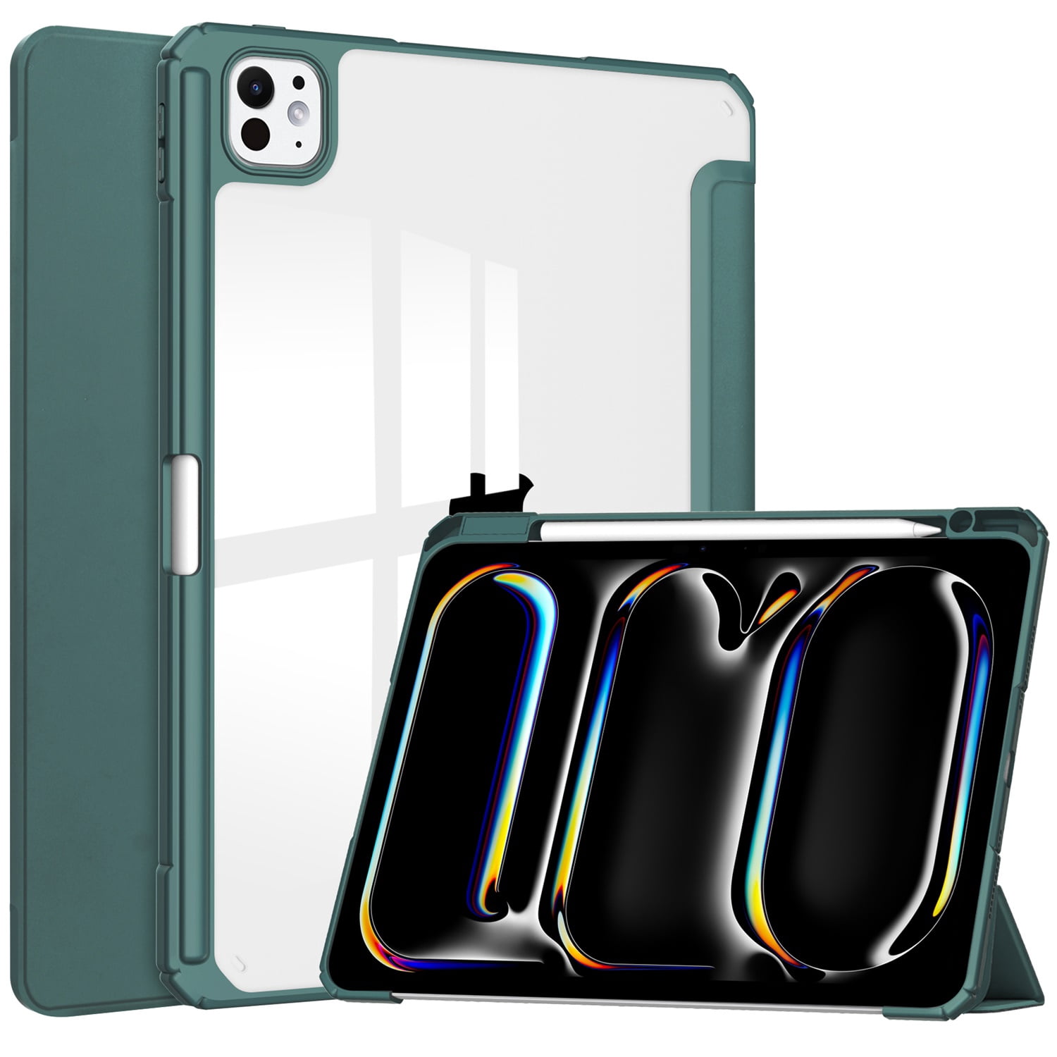 SaniMore Case for Apple iPad Pro 11 (2024), Auto Sleep/Wake Shock Resistant [Built-in Pencil Holder] Flip Stand [Dual Angle] Transparent Slim Lightweight Anti-fall Tablet Shell, Deep Green