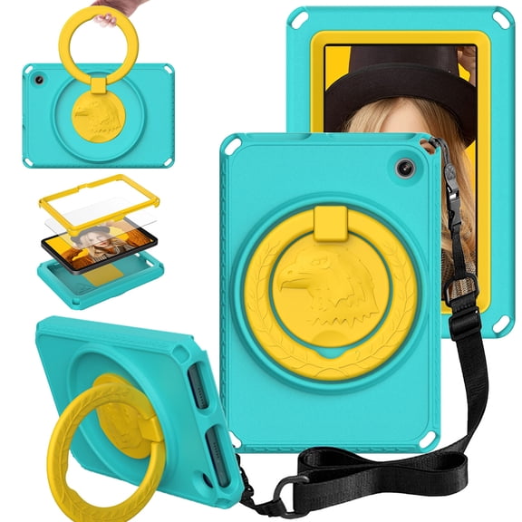 SaniMore Case for Fire 7" 12th Gen 2022, Kid-friendly EVA Shockproof Anti-drop Case with Shoulder Strap Rotating Holder Screen Protector Handle Stand Dual-layer Protective Case for Fire 7",  Mint