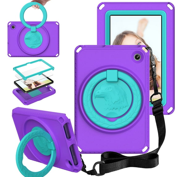SaniMore Case for Fire 7" 12th Gen 2022, Kid-friendly EVA Shockproof Anti-drop Case with Shoulder Strap Rotating Holder Screen Protector Handle Stand Dual-layer Protective Case for Fire 7", Purple