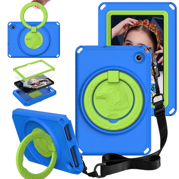 SaniMore Case for Fire 7" 12th Gen 2022, Kid-friendly EVA Shockproof Anti-drop Case with Shoulder Strap Rotating Holder Screen Protector Handle Stand Dual-layer Protective Case for Fire 7", Blue